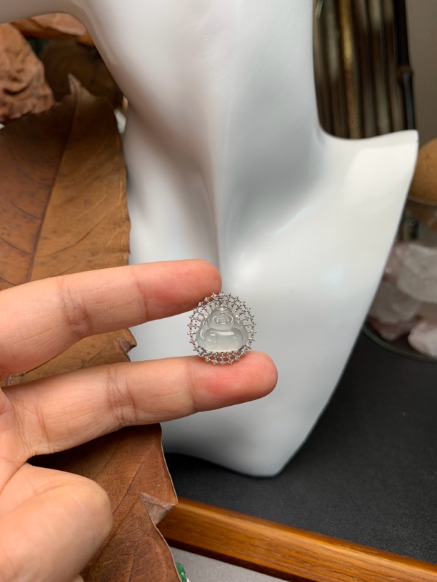 缅料白冰玻璃种小佛挂坠18K金镶嵌佛光普照款