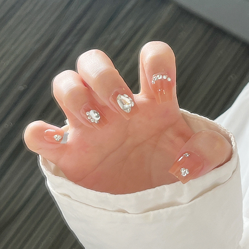 穿戴甲美甲甲片网红爆款纯手工浅蓝法式腮红水钻指甲贴成品可拆卸