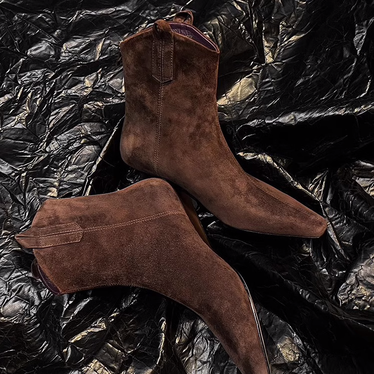 羊皮版~法式复古高级感坡跟短靴女秋冬新款真皮后拉链西部牛仔靴