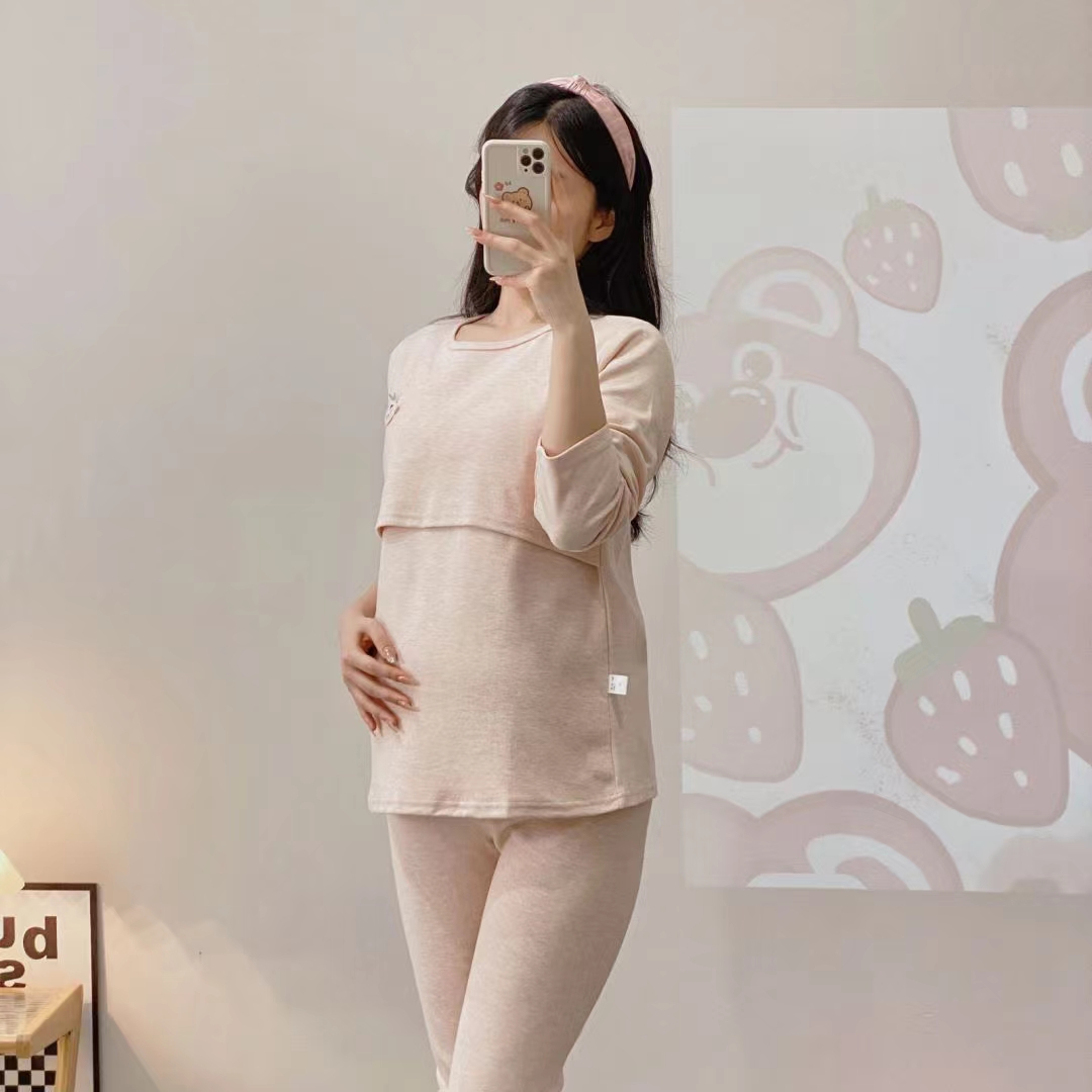 彩纱羊绒套哺乳秋衣套装