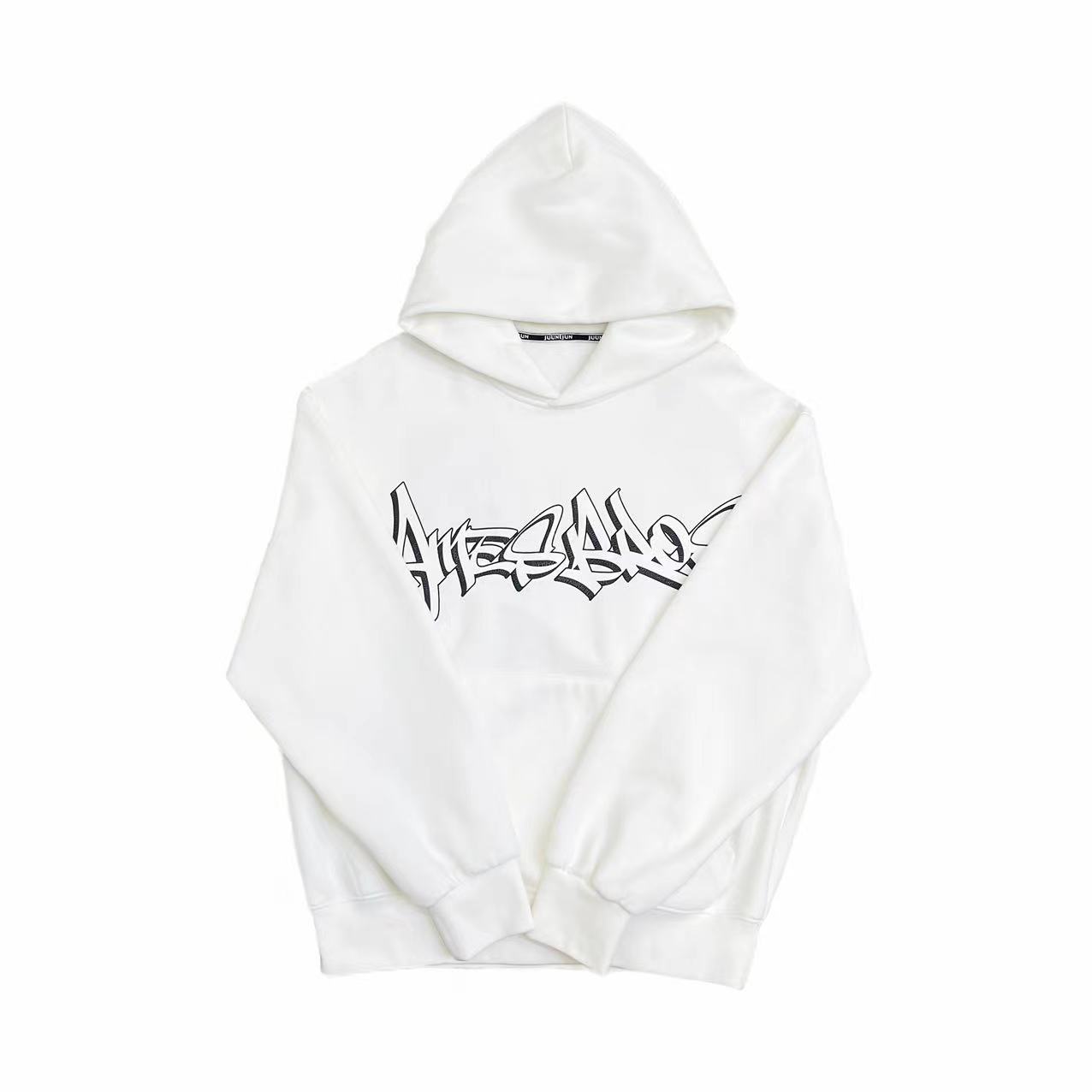 [3MJ]白色前艺术体字母图案戴帽酷感休闲时尚儿童加绒卫衣（暖暖