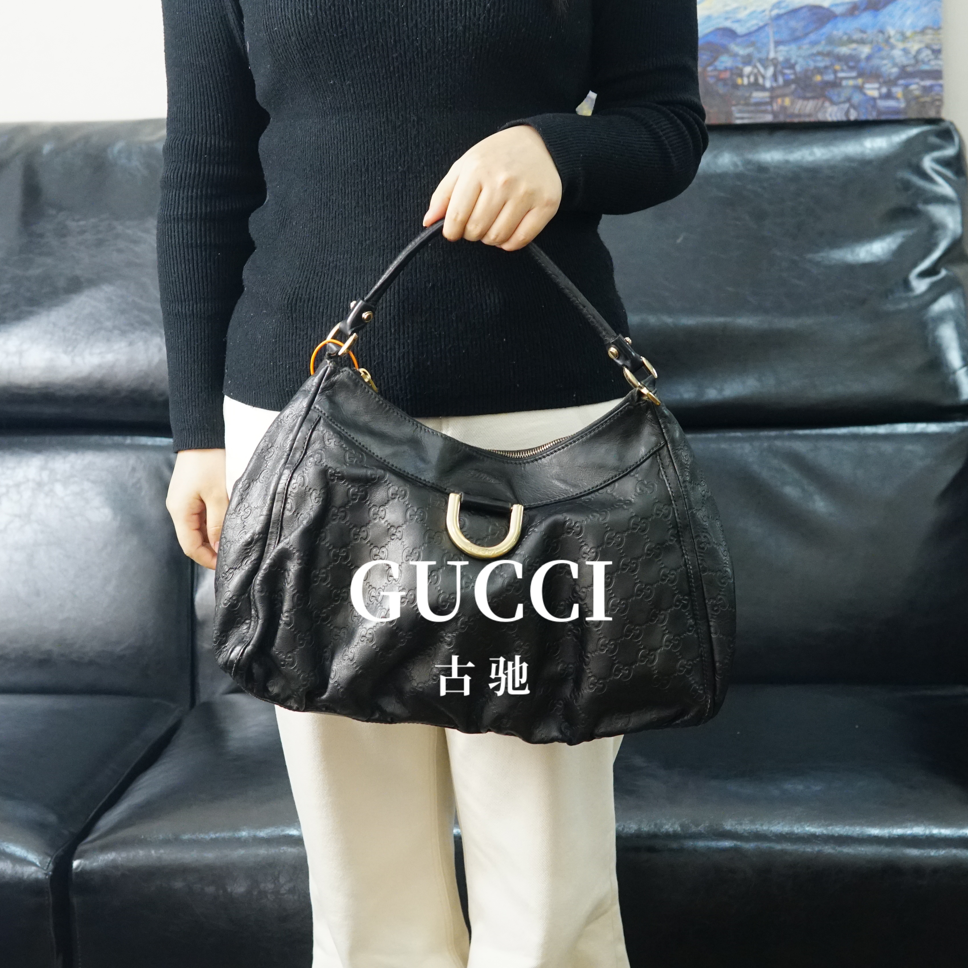 95新 GUCCI/古驰 黑色压纹单肩包/F4YZ08517022/7022