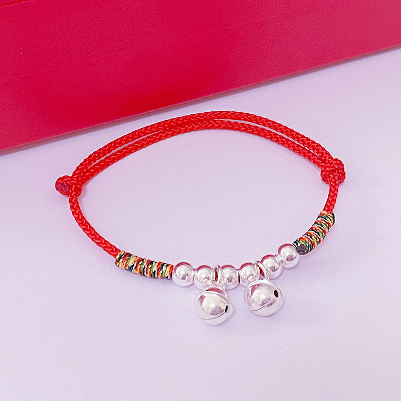 足银脚链 脚链足银足银双铃铛红绳纯银手编织儿童手链简约纯银女