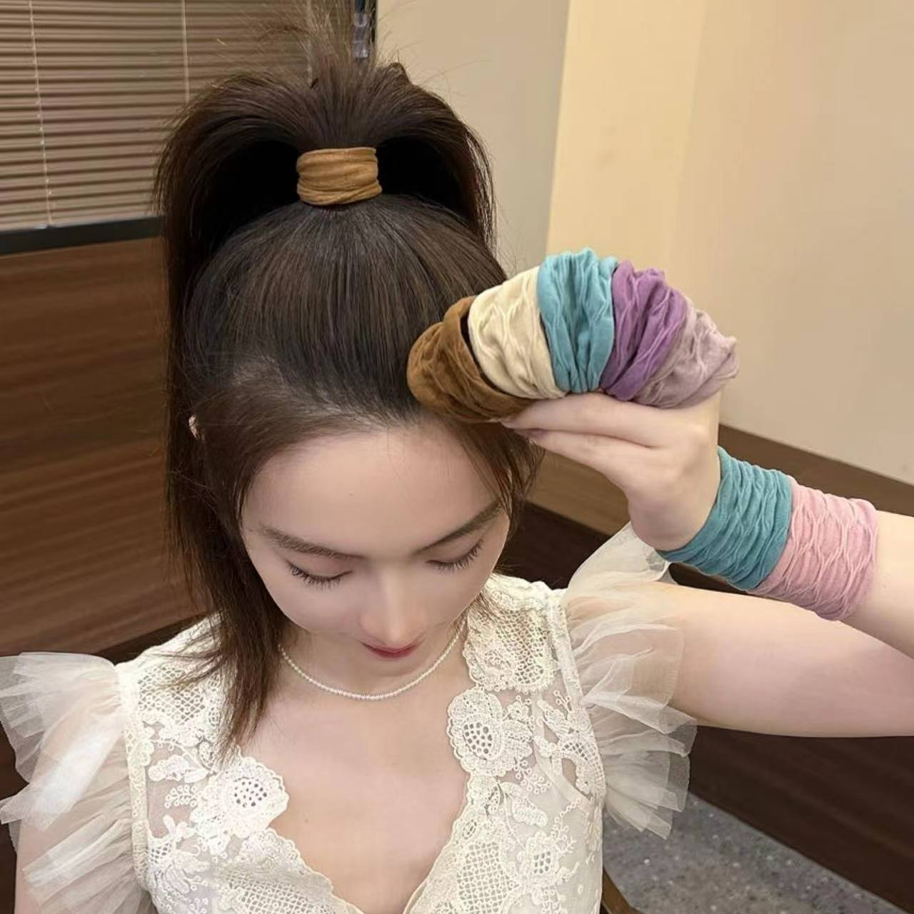 依牧升级版提花系列超柔软高弹耐用面膜肌肤感发圈韩版超宽发绳