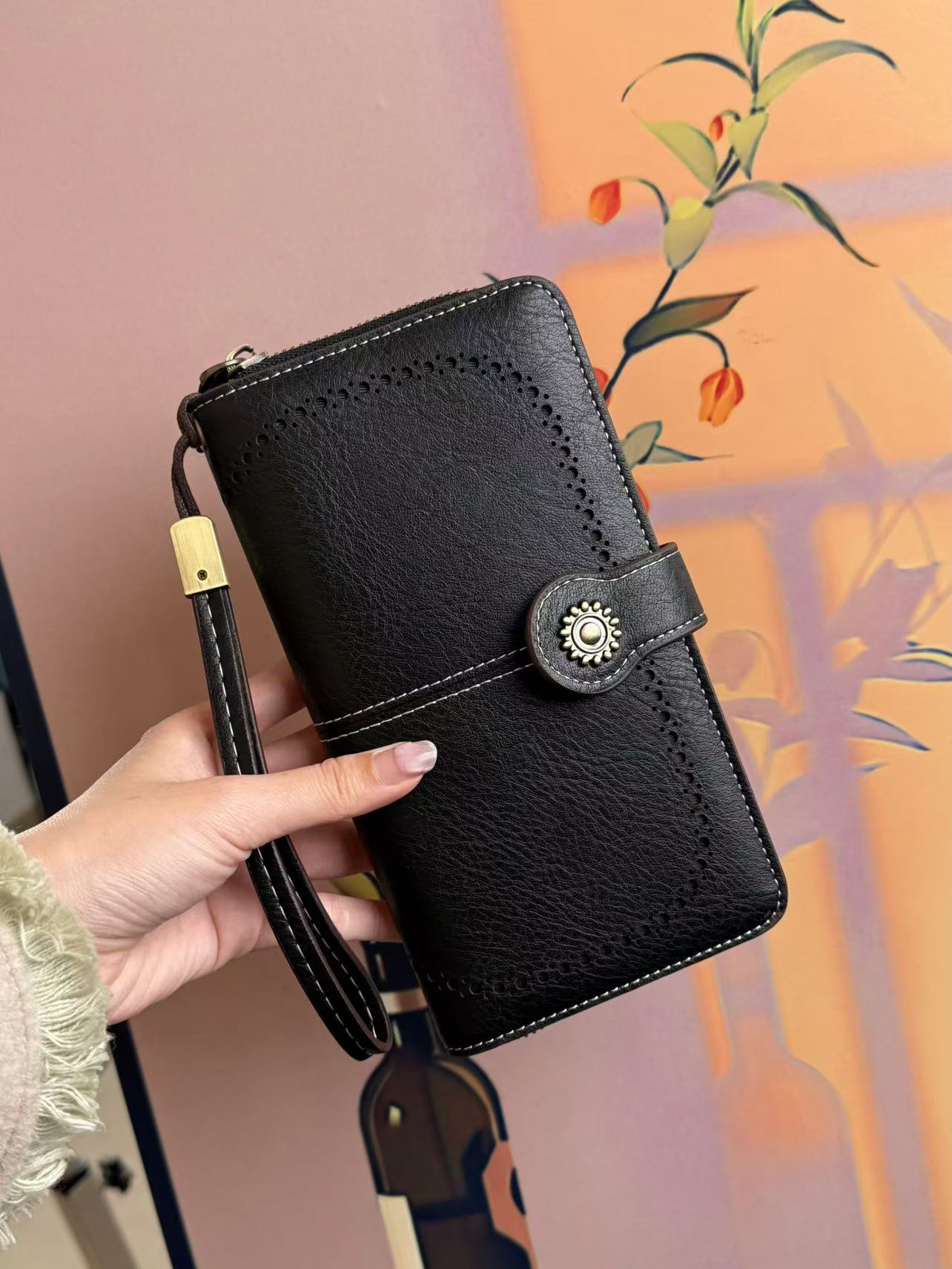 迪雅路【 单拉链钱包】高档复古女士钱包带手绳手拿包多卡位黑色