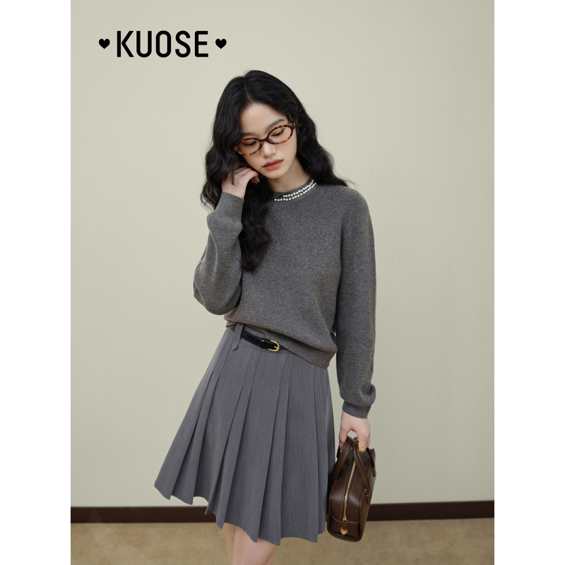 阔色灰色珍珠针织衫宽松2025新款女秋季毛衣长袖打底衫KSH2408016