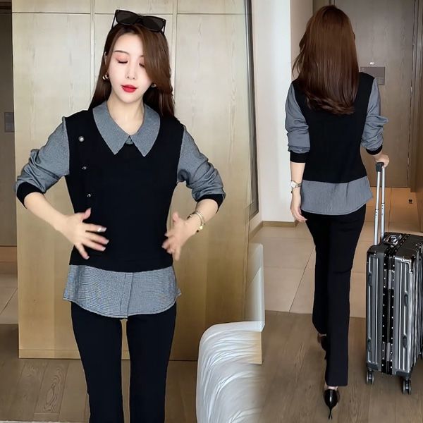 假两件衬衫女士设计感上衣2025春秋新款长袖打底衫宽松遮肚子衬衣