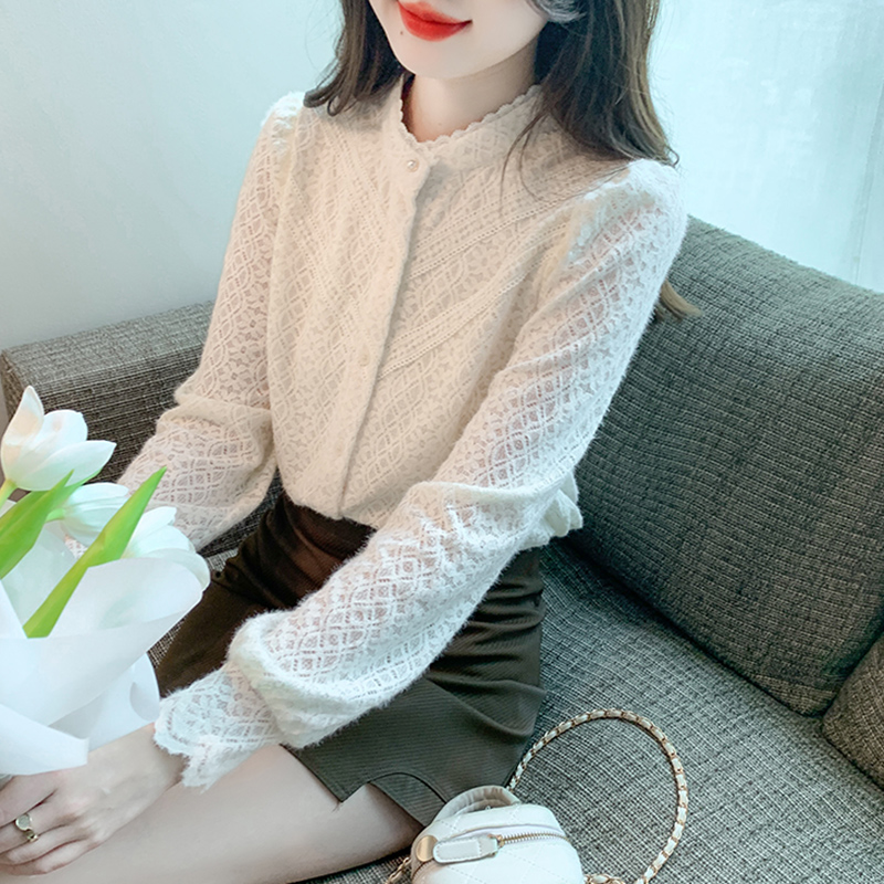 加绒加厚打底蕾丝衬衫女秋冬2023新款设计感小众别致漂亮衬衫上衣