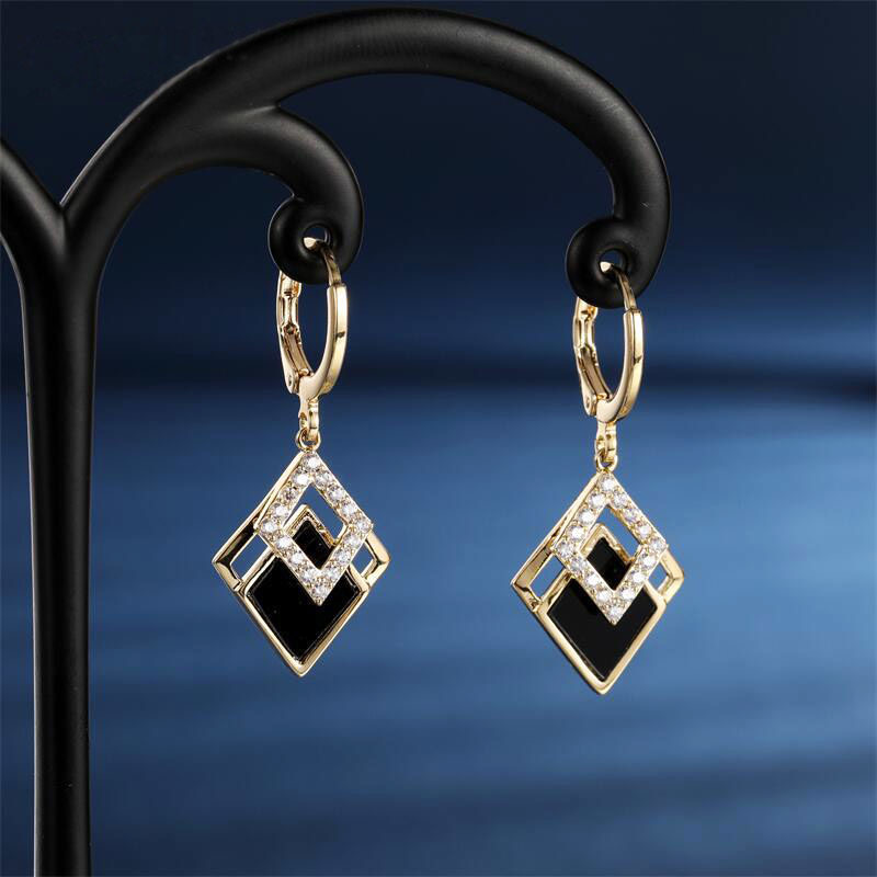 铜合金耳饰 【经典菱形】新年黑色几何耳环火爆款大气时尚耳扣1272
