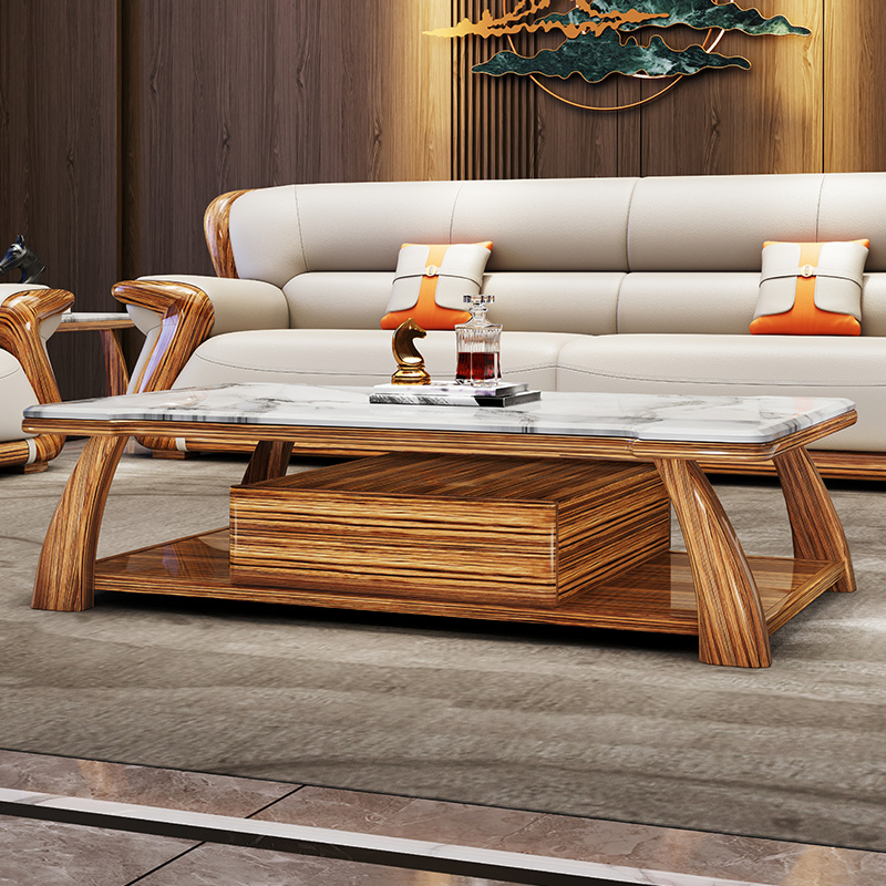 福妮特新中式乌金木长方形大理石茶几简约现代实木方几北欧客厅