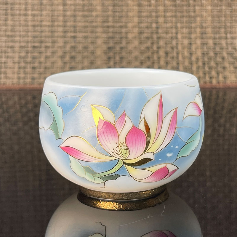 荷气生财羊脂玉主人荷花杯家用品茗杯陶瓷白瓷功夫茶具手工个人杯