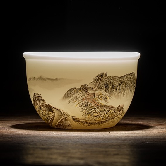 高档万里长城压手杯单杯大号功夫茶杯陶瓷品茗杯家用羊脂玉瓷茶杯