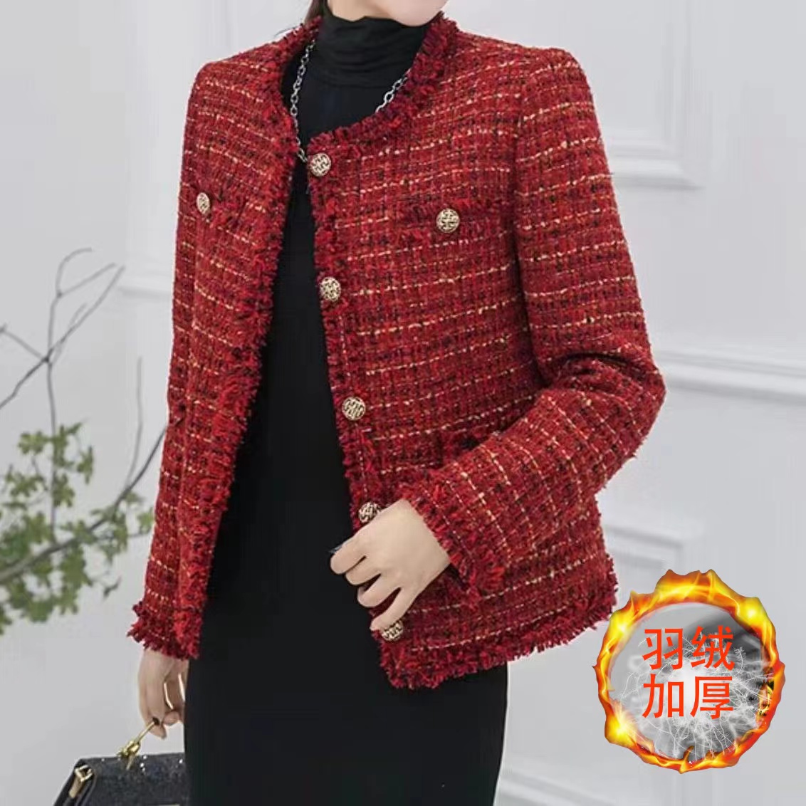 【复古红】高级感小香风法式羽绒开衫时尚红色外套Q923