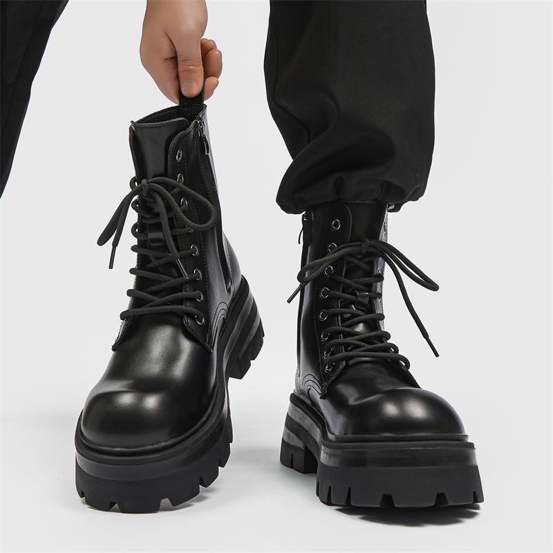 机车马丁靴男美式厚底增高冬季真皮高帮欧美风黑色骑士拉链长筒靴