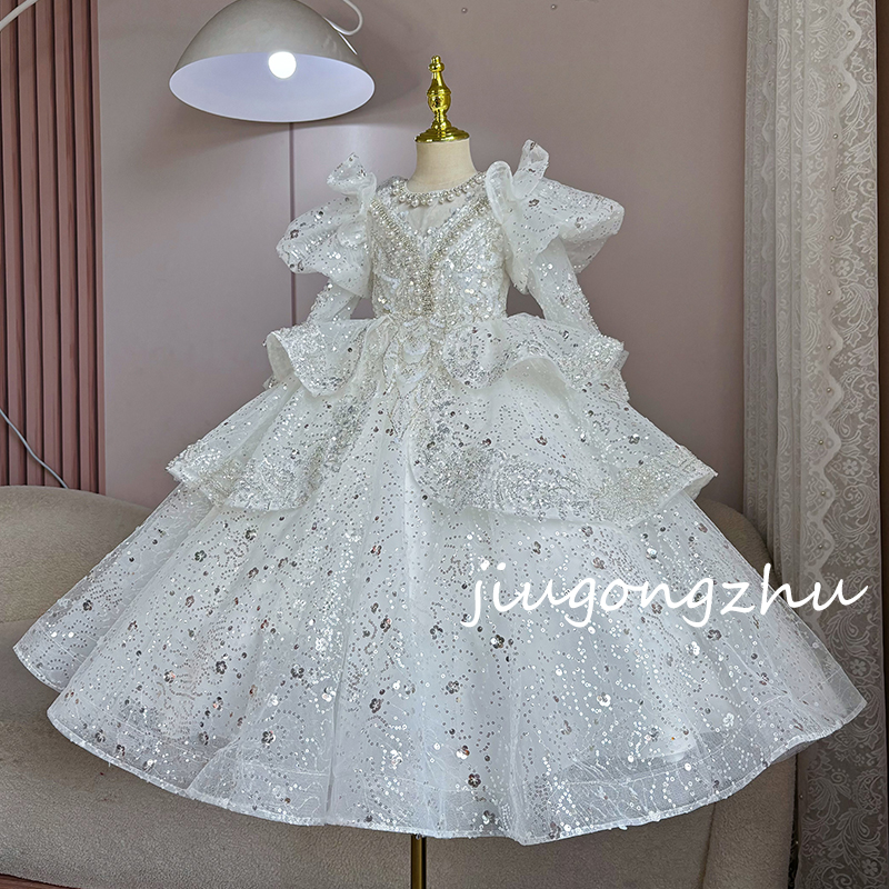 【白雪公主长袖】女童礼服轻奢小众高端白色公主裙儿童演出服礼服