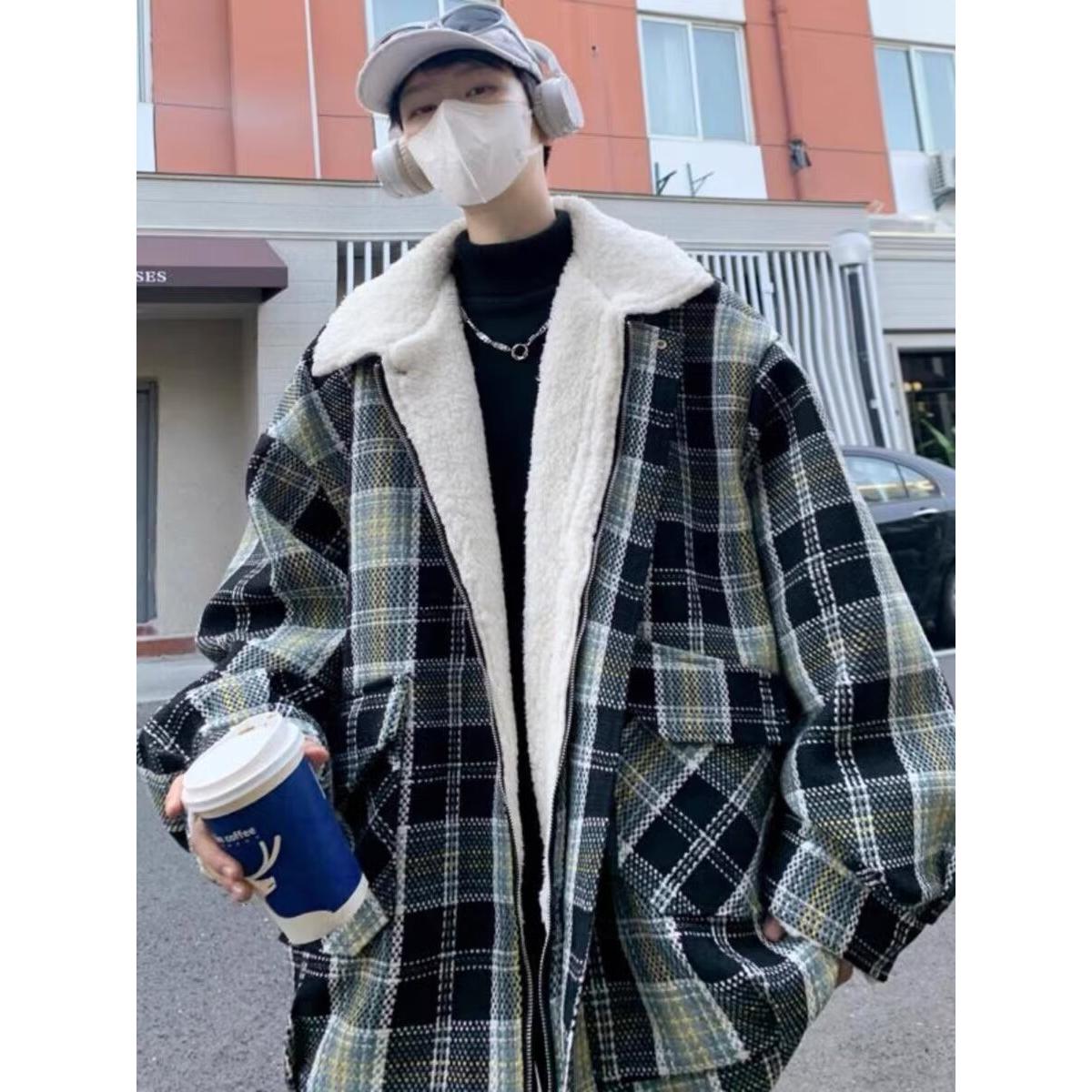 棉服男款小香风格子冬季外套高级感潮牌潮流羊羔绒加厚棉衣百搭