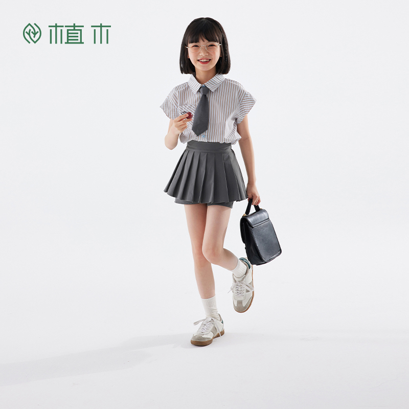 植木童装美式学院风撞色条纹领带女童衬衫2025夏新儿童