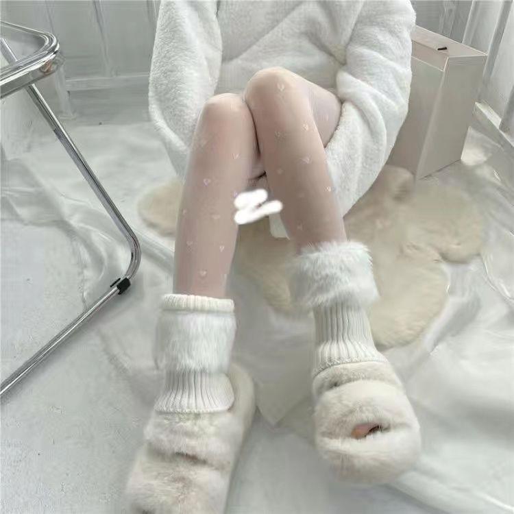 秋冬季简约风百搭毛毛袜套翻口仿毛线针织小腿套靴套毛绒堆堆袜子