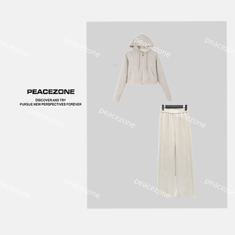 Peacezone【秋季套装】新款韩版连帽外套高腰直筒裤两件套9866