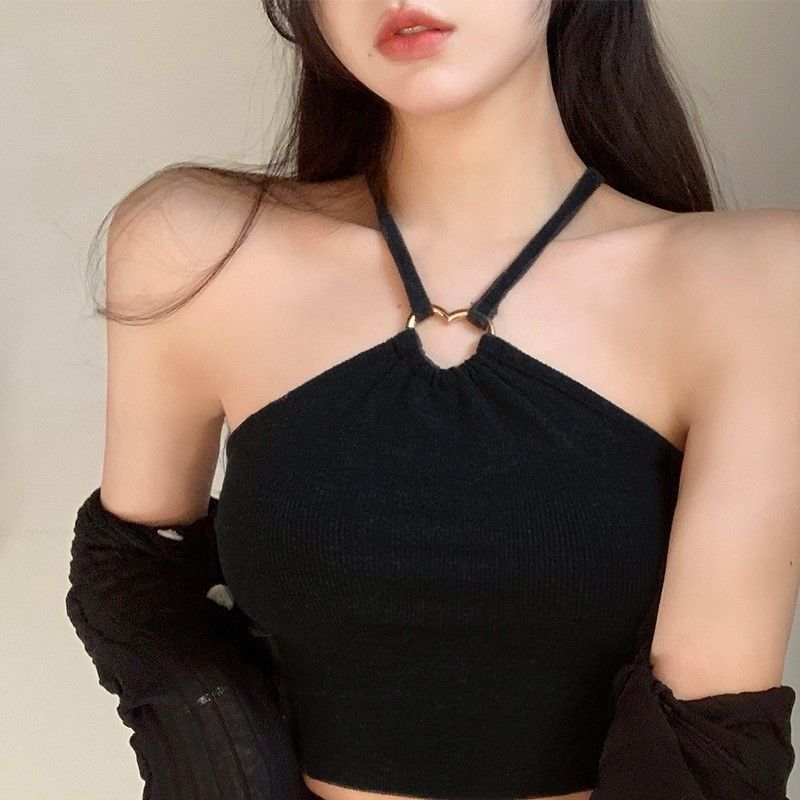 辣妹气质性感女针织不规则修身显瘦吊带背心挂脖交叉纯欲心机上衣