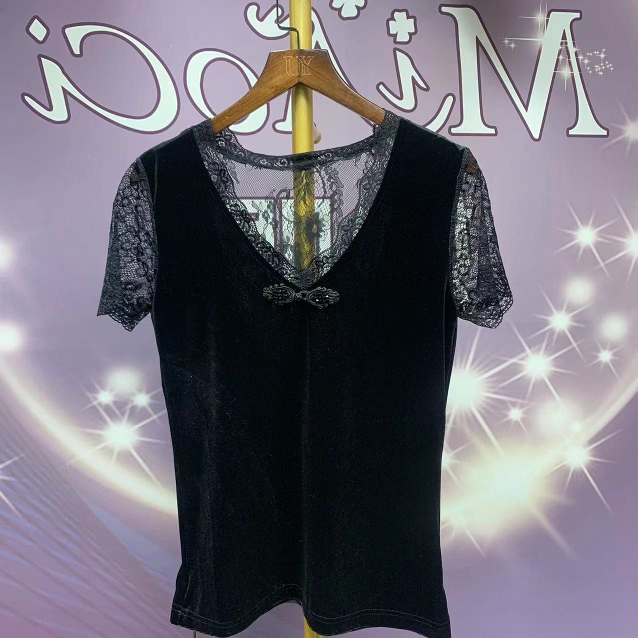 【MIAOCI】M26  秋季新品时尚蕾丝v领丝绒小衫