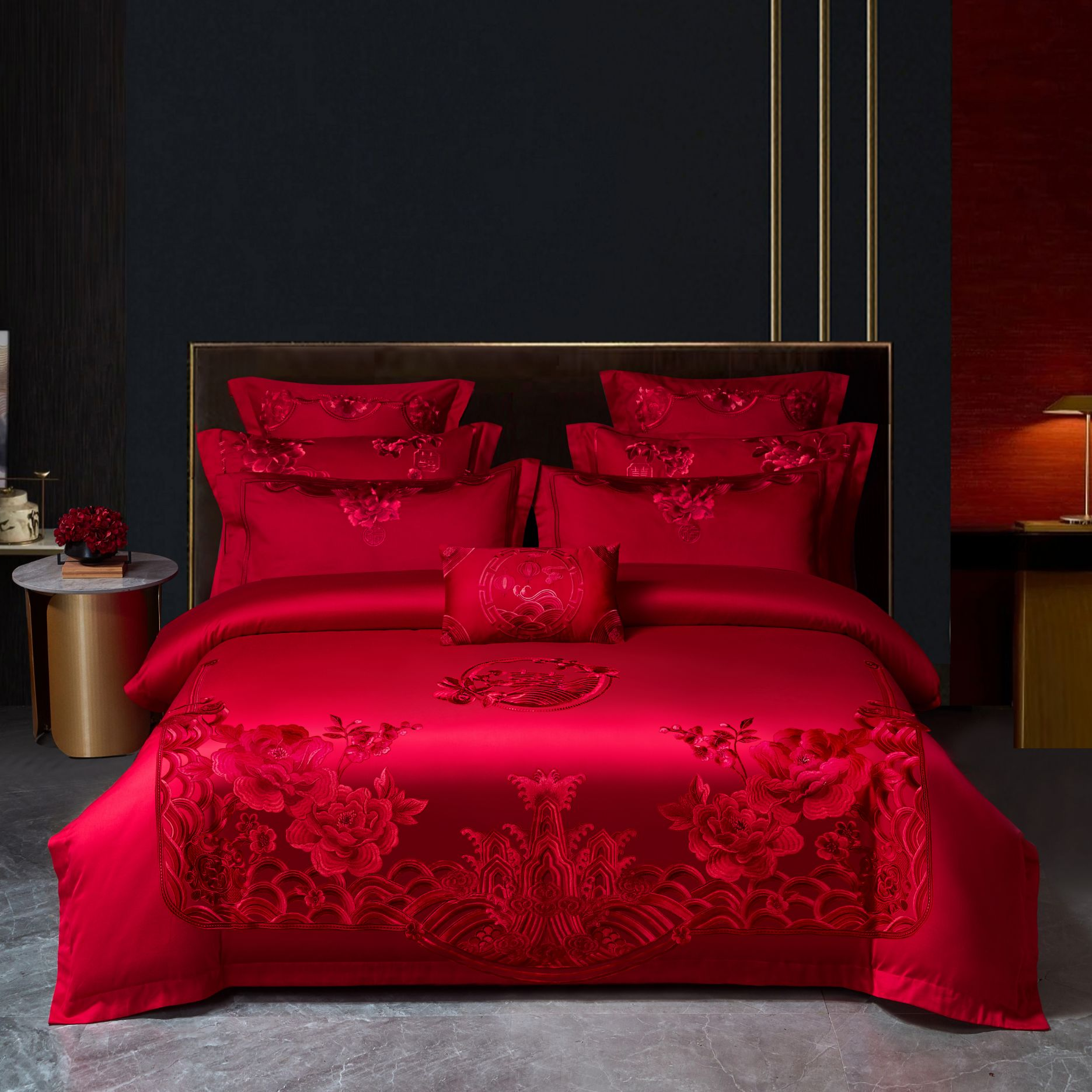 DR【国色天香-红色】新款花卉本色结婚床上用品大红色婚庆套件