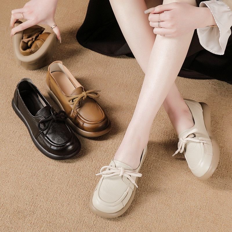 头层牛皮四季超软底浅口名族风孕妇鞋防滑豆豆鞋平底女单鞋妈妈鞋