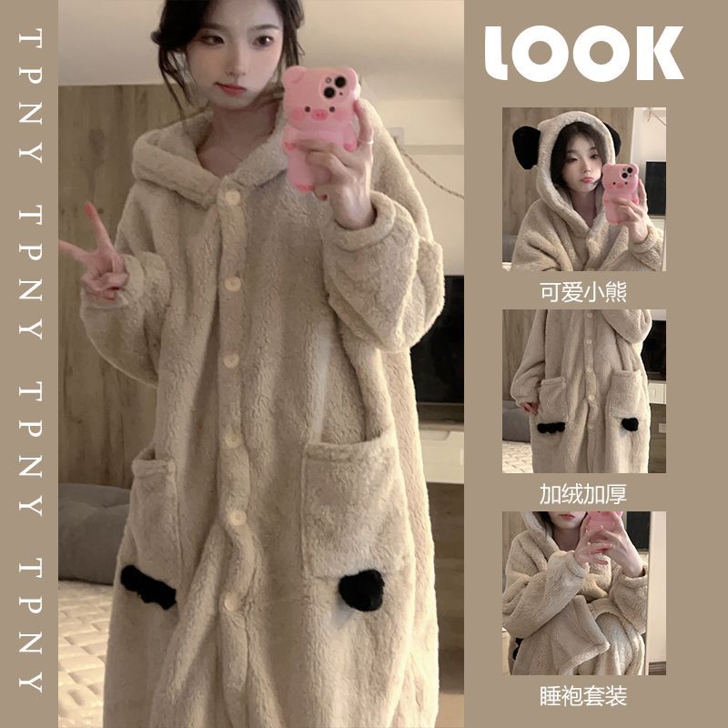 小熊睡衣女加厚新款珊瑚绒冬季套装连帽毛绒宿舍睡袍家居服可外穿