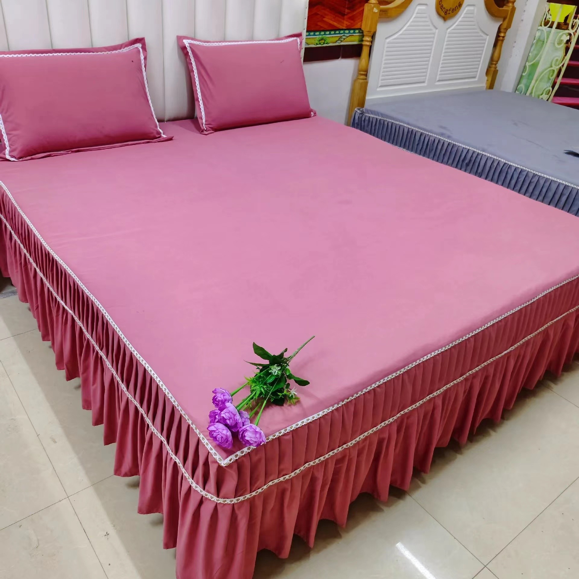 加厚斜纹春夏款亲肤棉磨毛单独床罩床单花边（绣花工艺）（豆沙粉色）