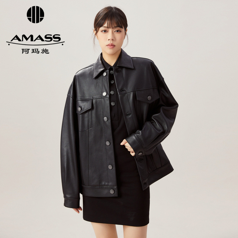AMASS/阿玛施 高级质感宽松中长版皮夹克5400726