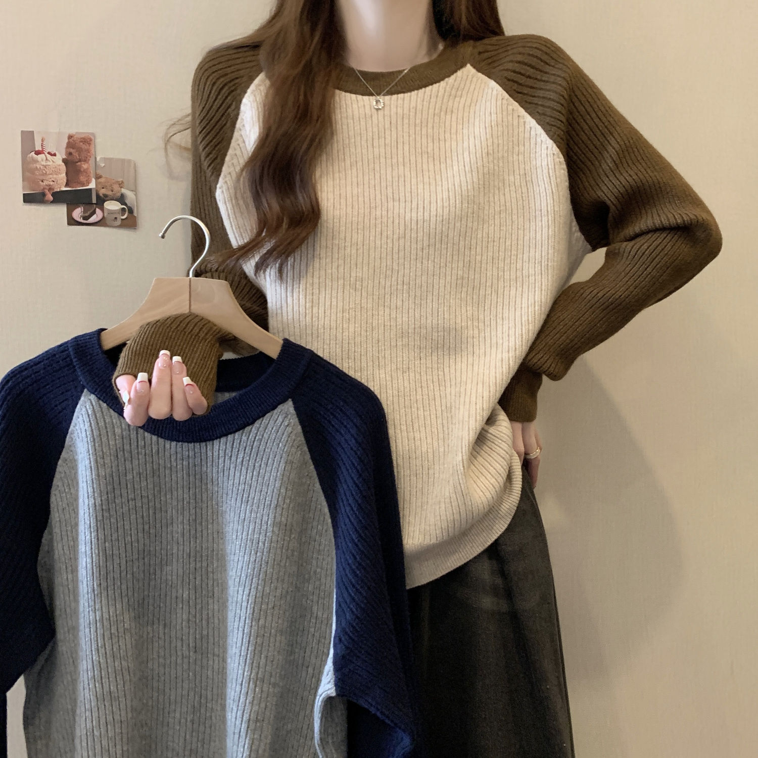 坑条大码长袖T恤女秋冬季新款宽松显瘦拼接撞色打底衫上衣