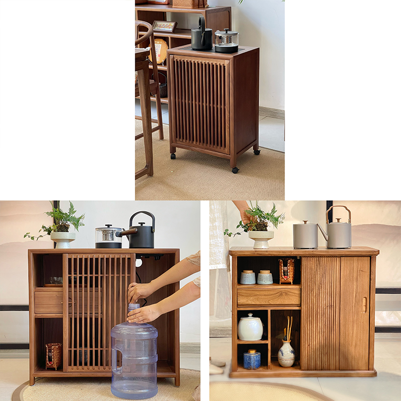 荣夏实木黑胡桃木色榆木茶水柜茶吧机边柜餐边柜禅意茶室矮柜