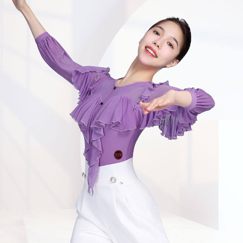 丹宝罗紫色摩登舞上衣女新款连体7分袖交谊舞服练习跳舞衣服专卖