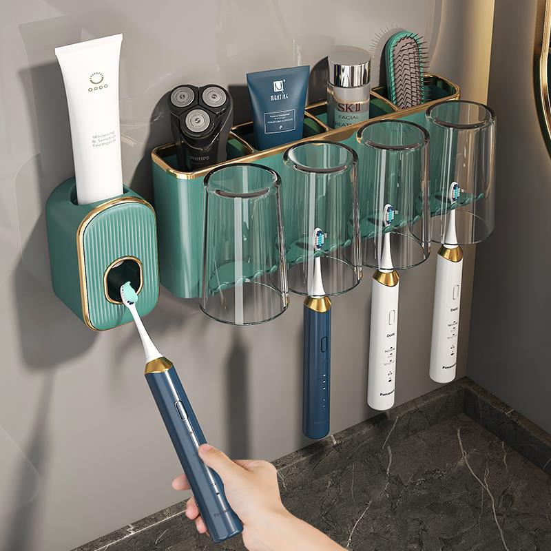 牙刷置物架漱口杯牙杯壁挂式免打孔卫生间置物架挤牙膏器电动套装