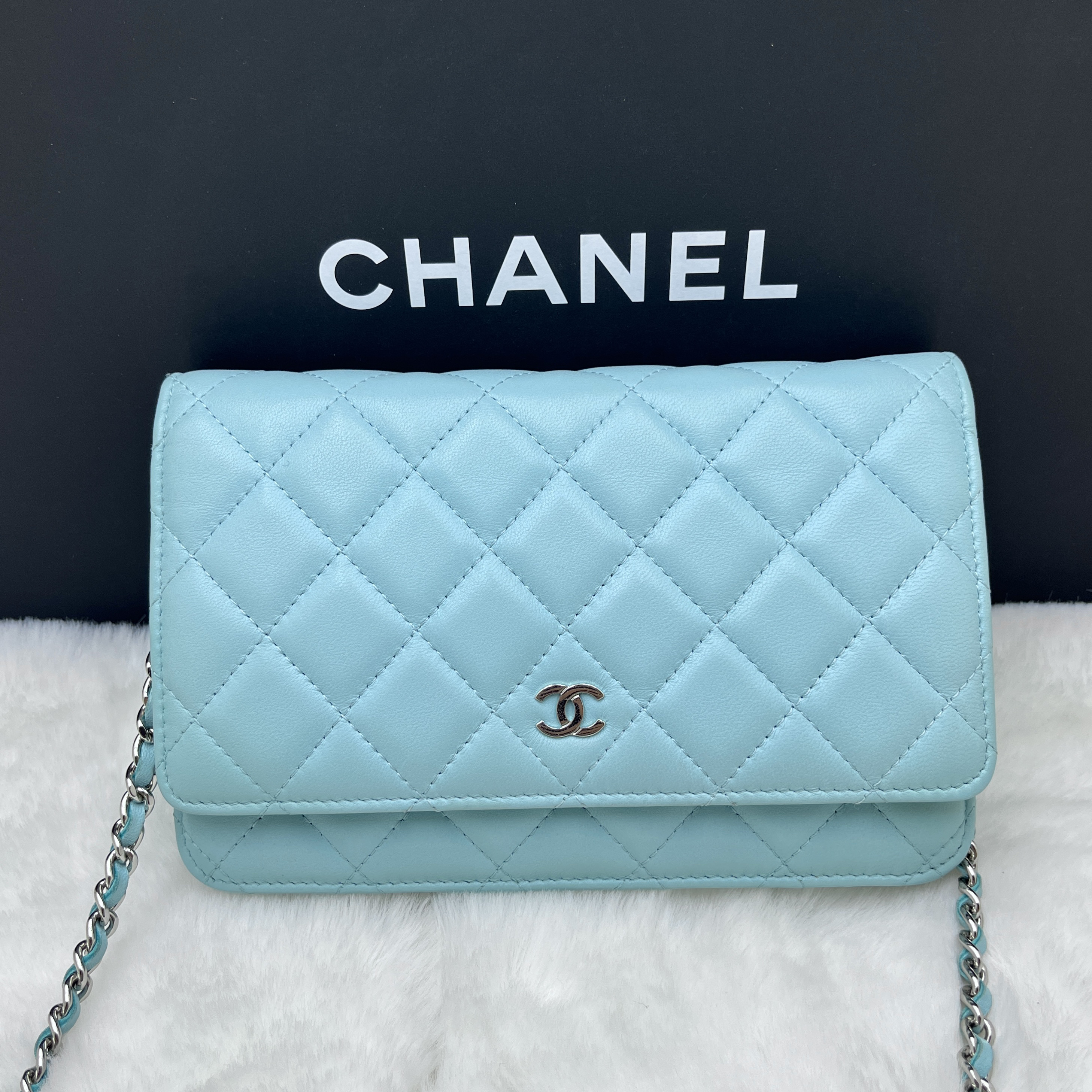 95新 Chanel/香奈儿 香奈儿薄荷蓝发财woc单肩斜挎包 26开
