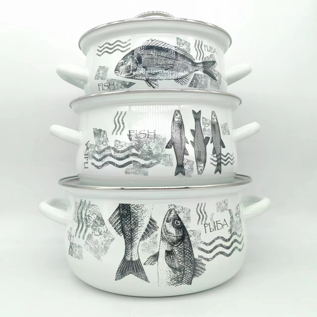 俄罗斯原装进口怀旧复古搪瓷套装锅 三件套 汤锅 炖肉锅 储物锅