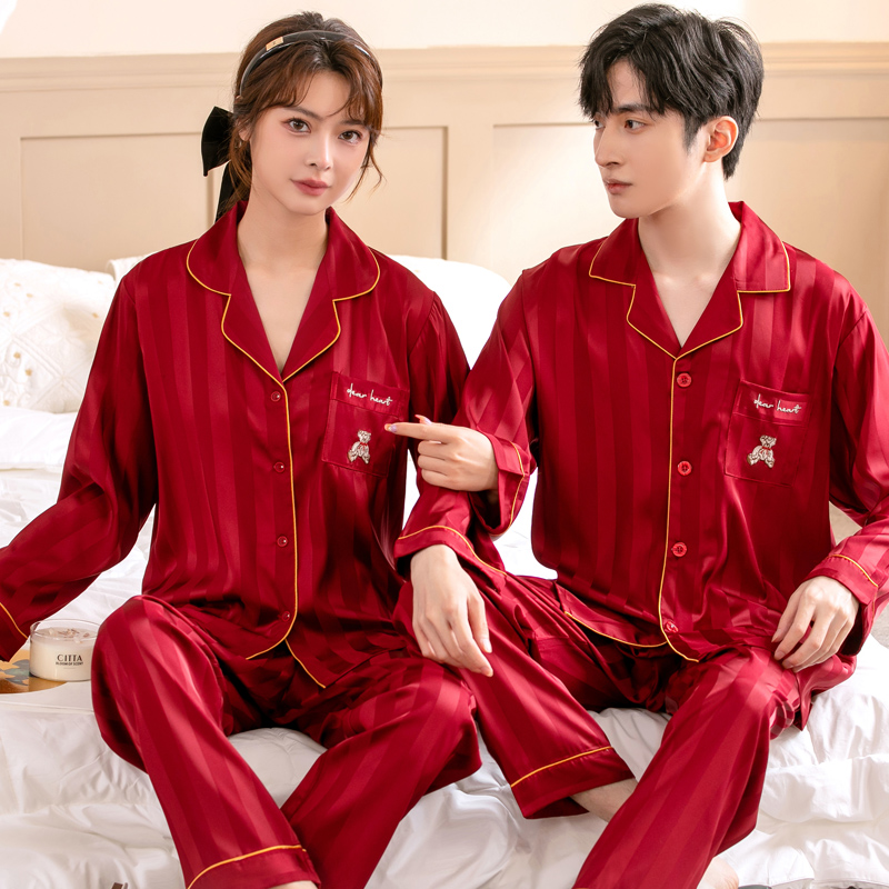 情侣睡衣女春秋款夏季冰丝长袖新婚结婚本命年红色家居服套装男士