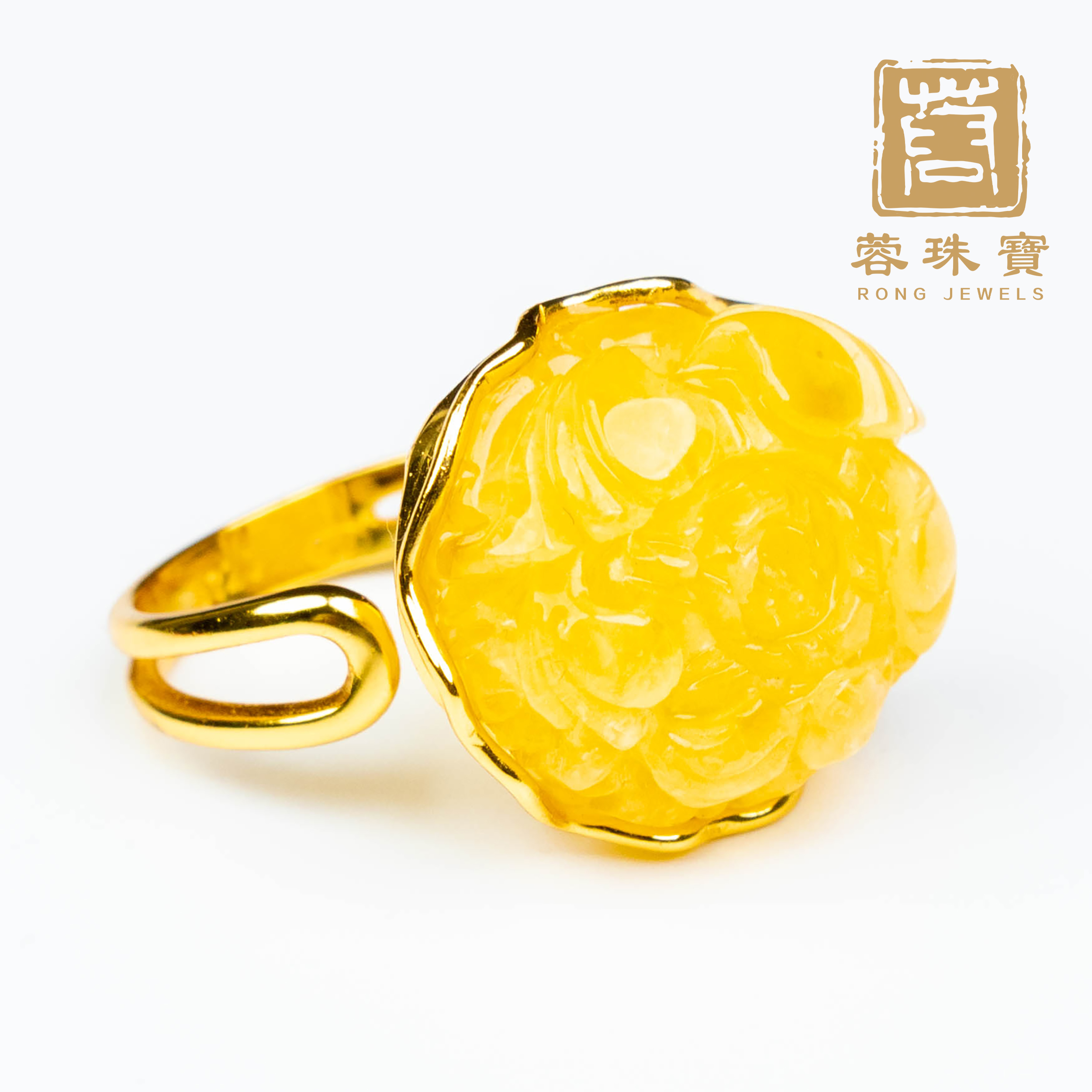 【蓉珠宝】禾锦S925银蜜蜡牡丹花开口戒指 时尚小众女款手工气质