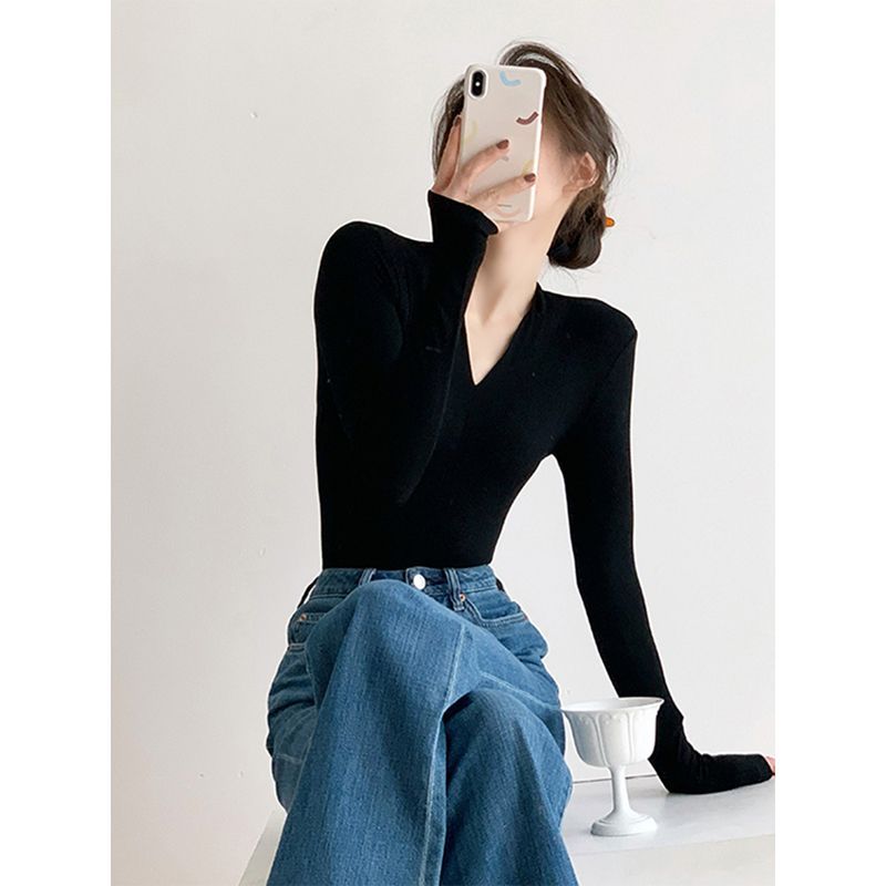 性感套头纯色T恤紧身弹力内搭百搭显瘦打底衫V领长袖高腰上衣女秋