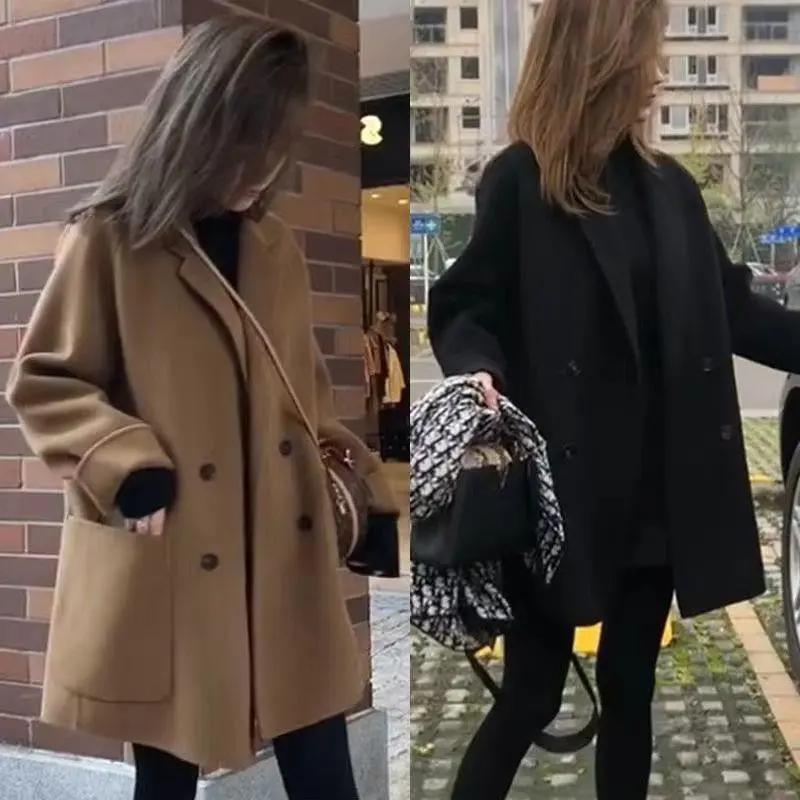 秋冬季大爆款时尚小个子毛呢外套女西装领宽松风中长款呢子大衣女