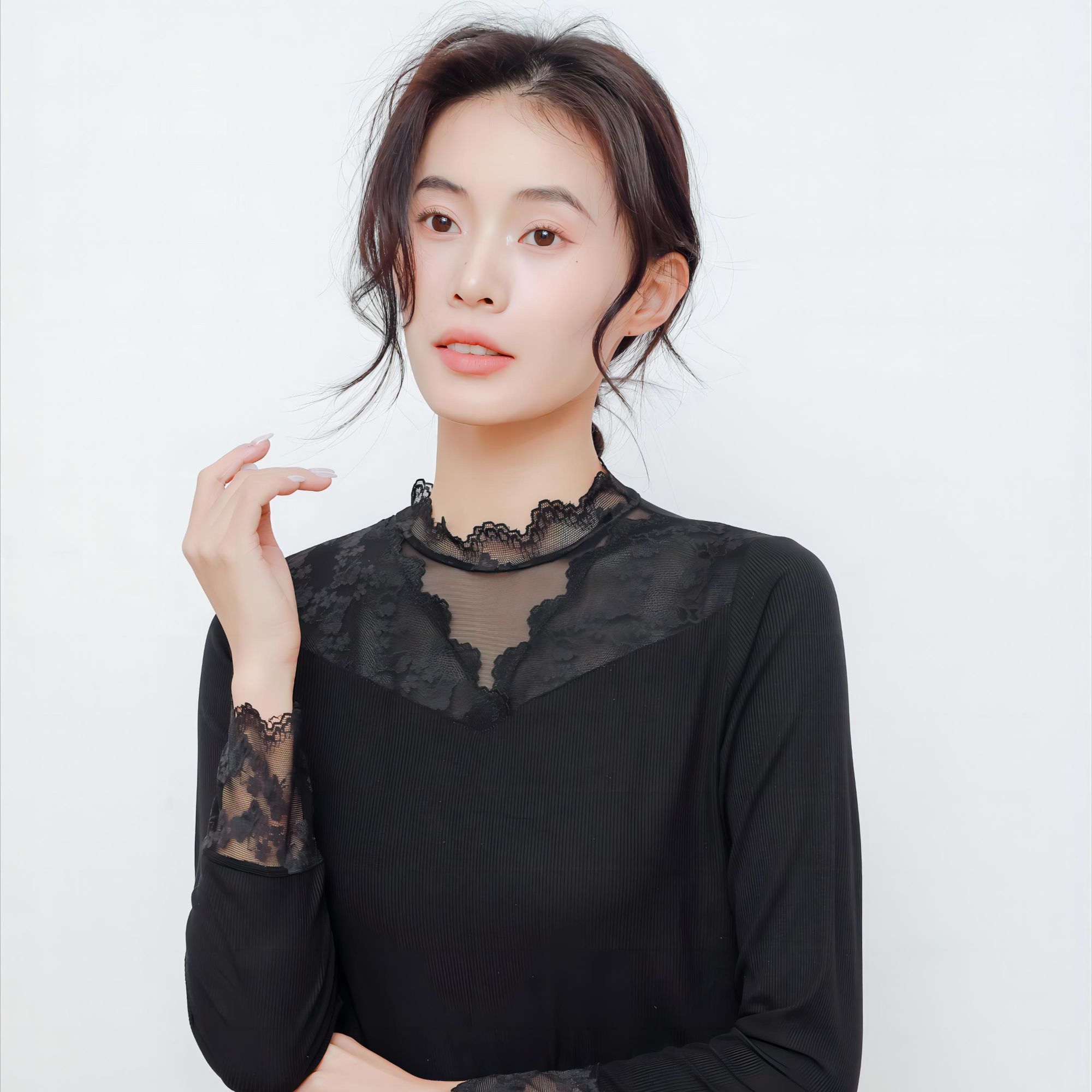 9656春秋时尚洋气蕾丝衫女韩版半高领上衣修身百搭长袖薄款打底衫