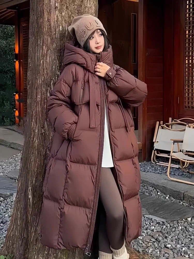 2024新款网红冬季韩版气质时尚百搭连帽过膝中长款羽绒服休闲女士