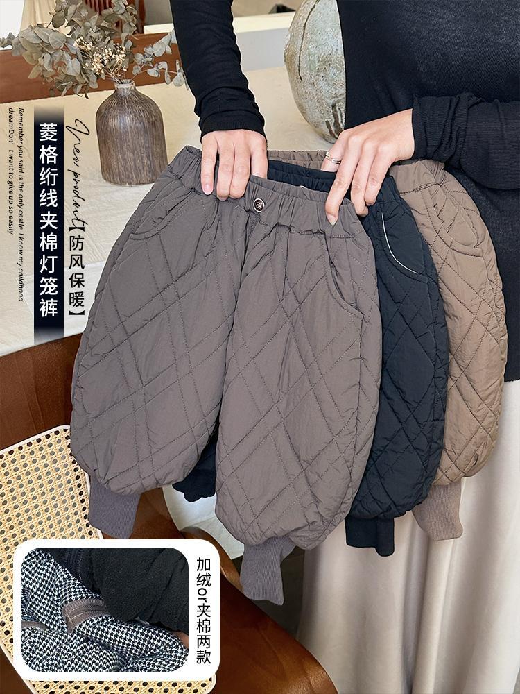 保暖实穿韩版儿童夹棉加厚束脚靴裤男童女童菱格绗棉格子内里棉裤