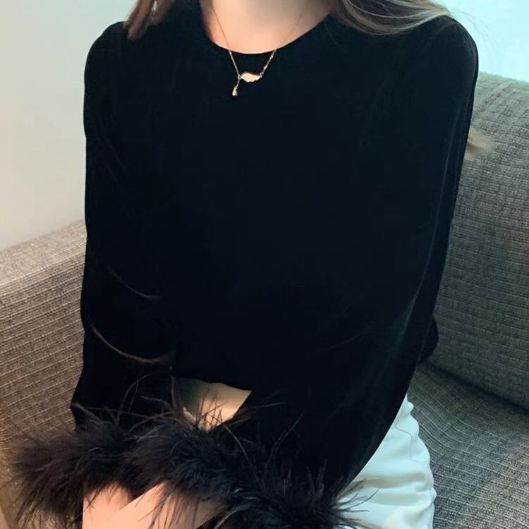 法式黑色金丝绒衬衫女秋装2024年新款高级感洋气羽毛流苏长袖上衣