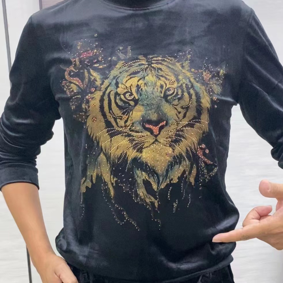 秋冬新款高端欧货男土印花金丝绒老虎圆领套头长袖T恤