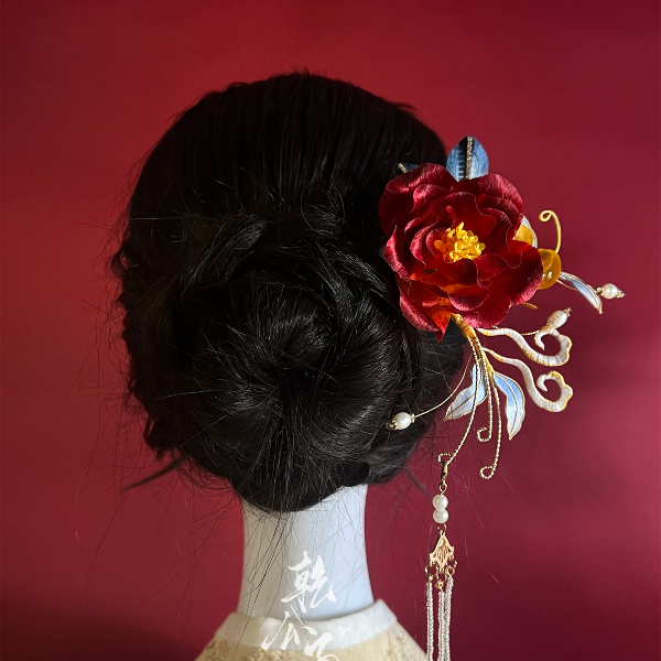 红色绒花发钗发簪发梳汉服发饰簪子马面裙头饰旗袍国风礼物婚礼
