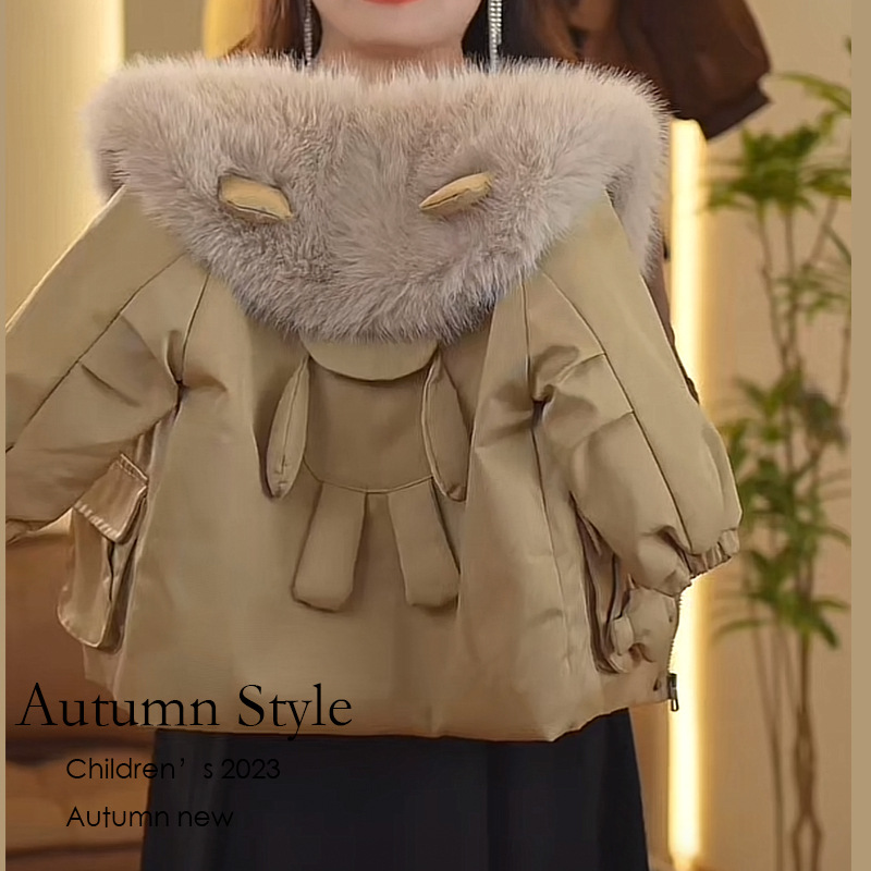 棉服2023时尚冬装连帽派克服外套秋冬洋气过膝喜庆小女孩服冬季