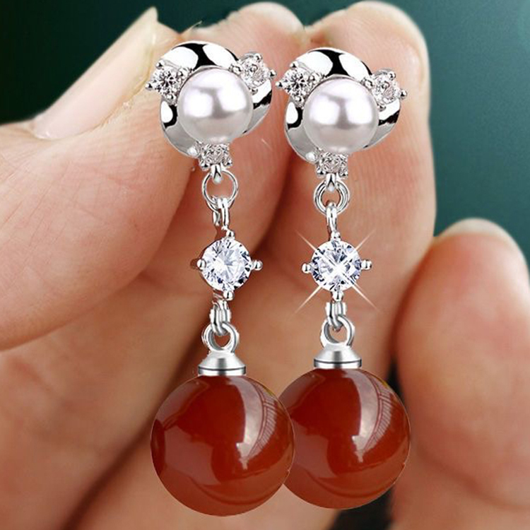 天然玛瑙s925纯银耳钉女2024爆款网红长款流苏气质高级感显瘦耳坠