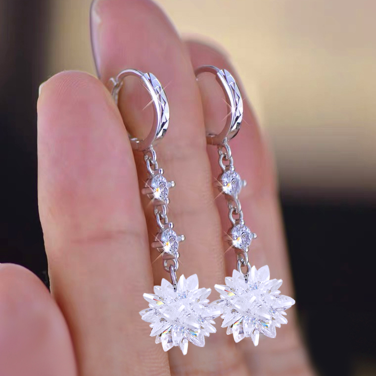 925银耳饰 纯银耳扣超闪冰花耳环长款时尚闪钻不易过敏2024年新款