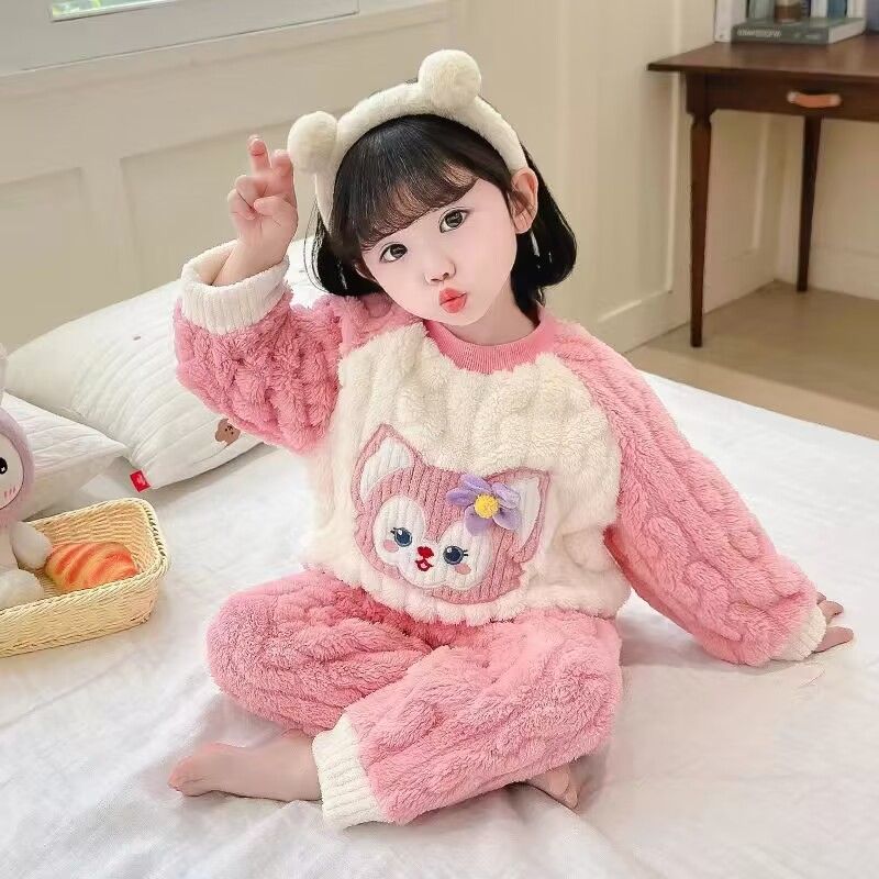 冬天儿童法兰绒睡衣超萌可爱小女孩洋气家居服秋冬新款珊瑚绒套装